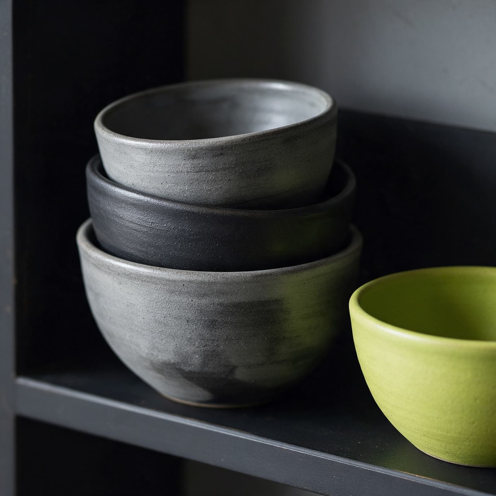Crafted objects on a dark shelf with soft side light.