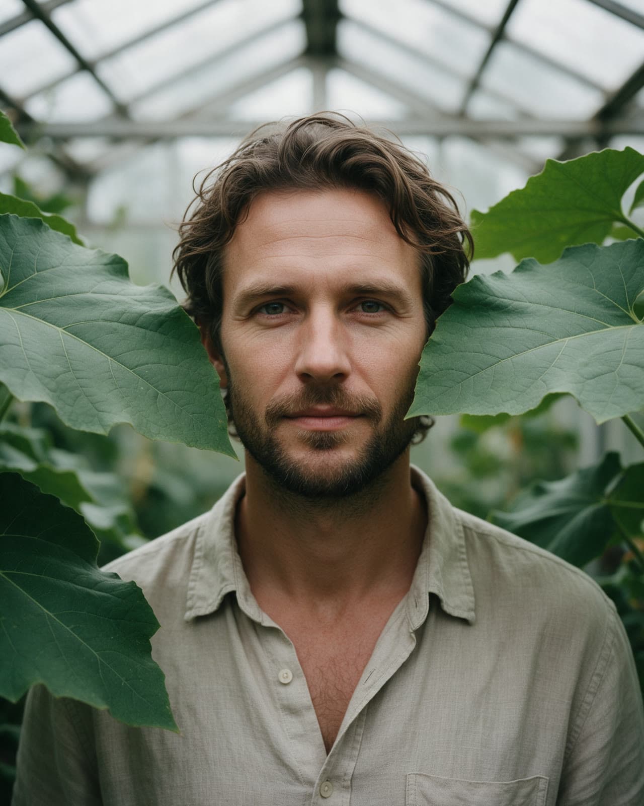 A calm editorial portrait framed by big leaves.