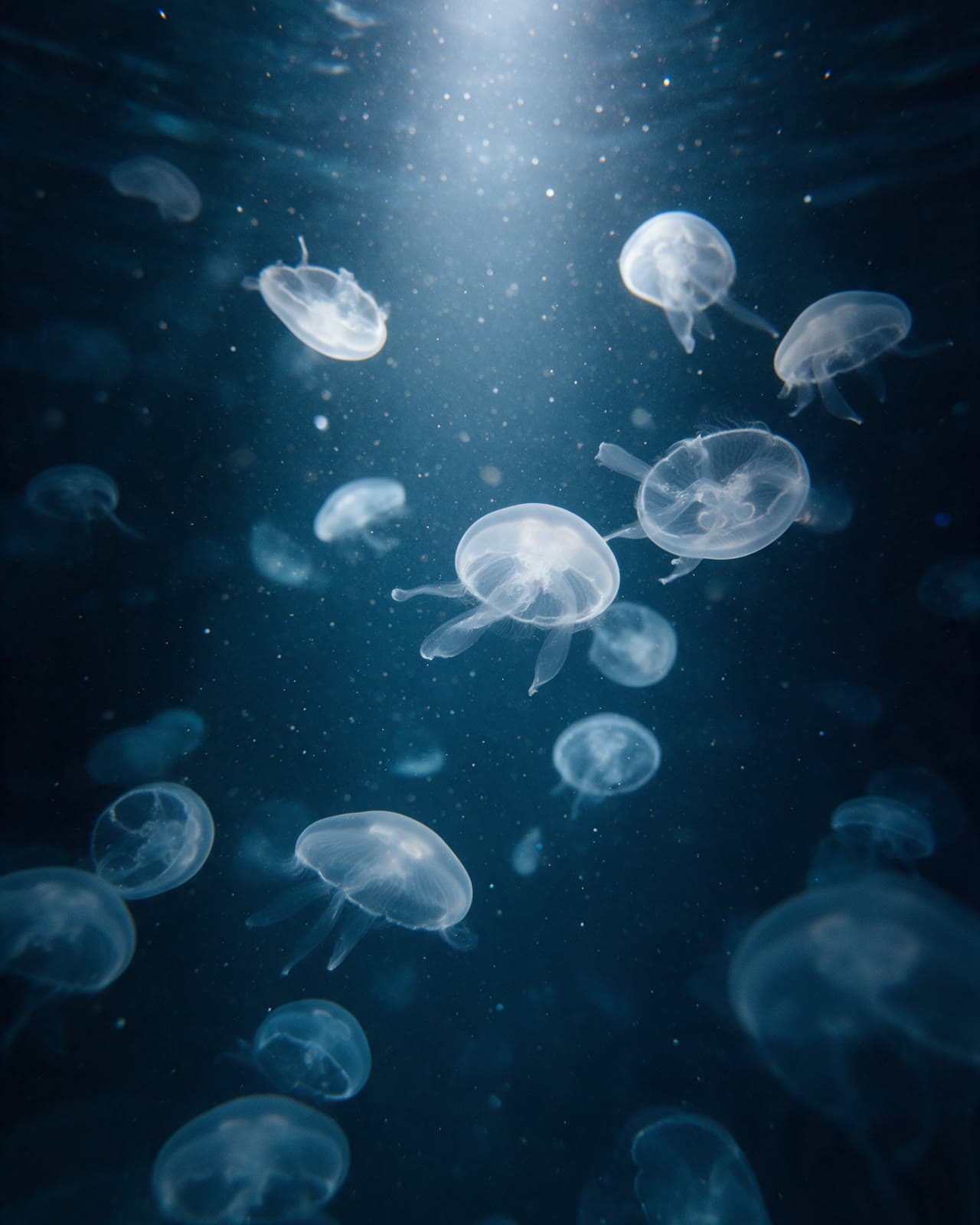 Dark blue water, drifting life and one beam of light from above.