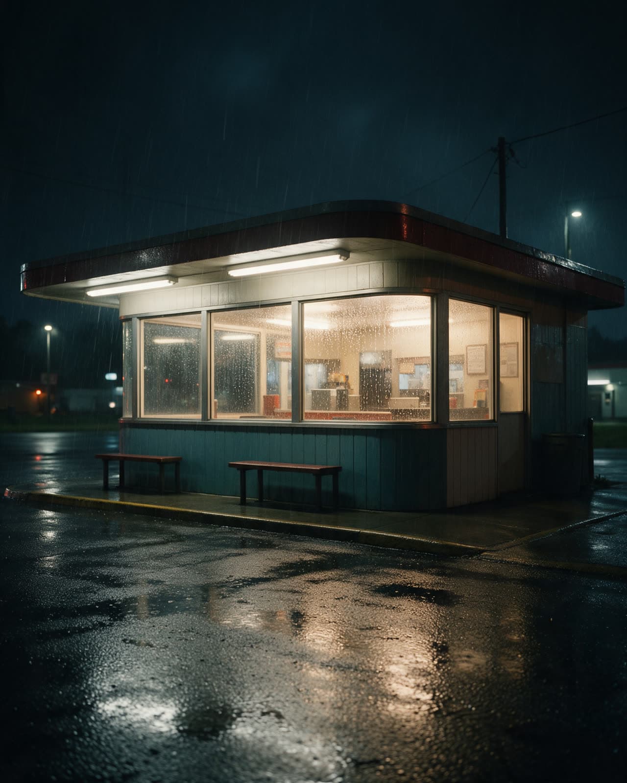Warm light inside, rain outside, a quiet late night mood.