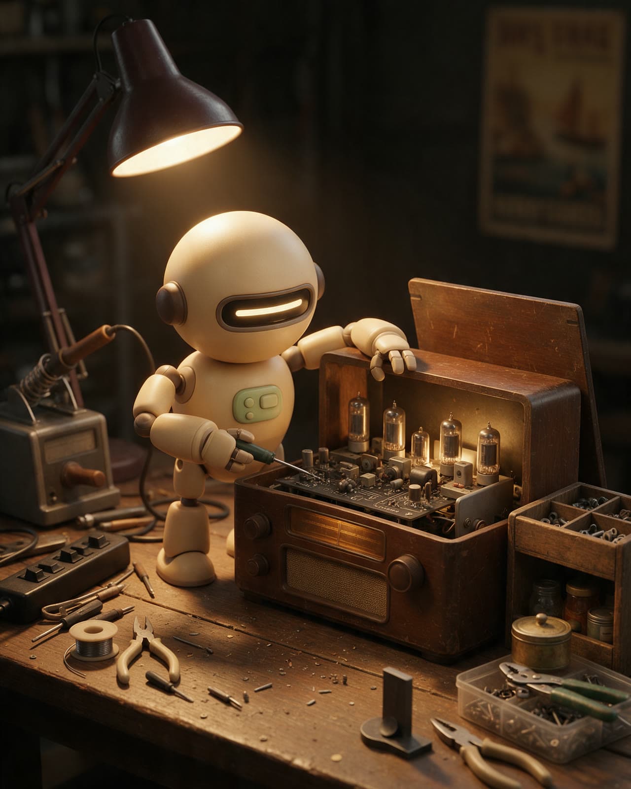 A friendly rounded 3D render with warm lamp light.