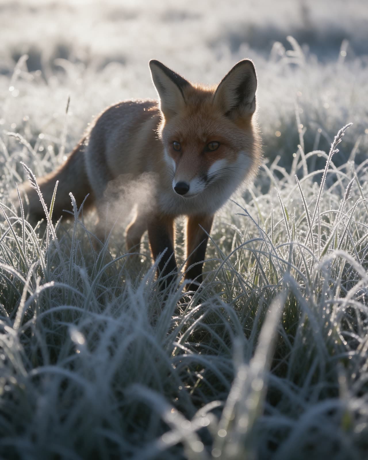 Fox standing in tall frosted grass at first light