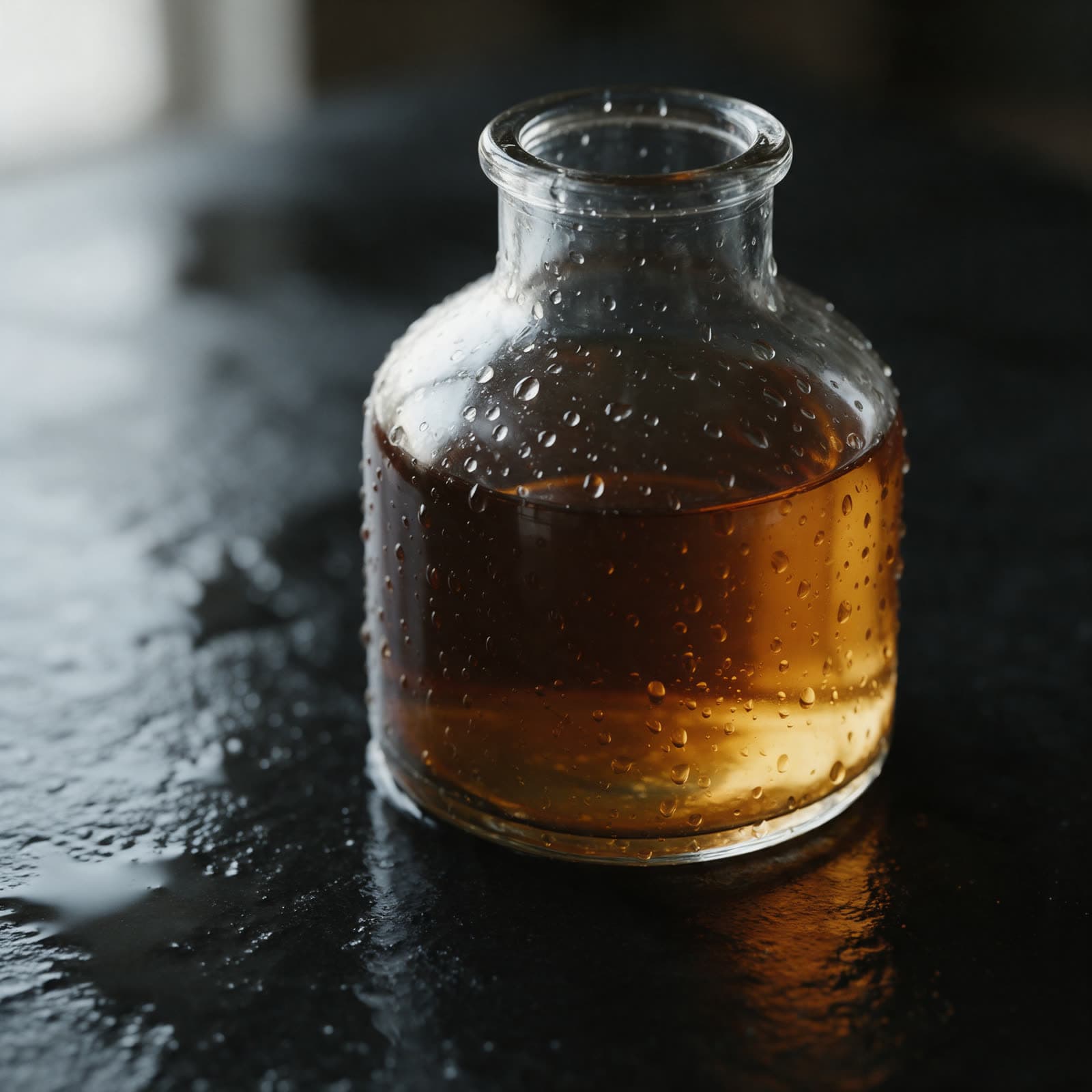 Unlabelled glass bottle on wet black stone, close up
