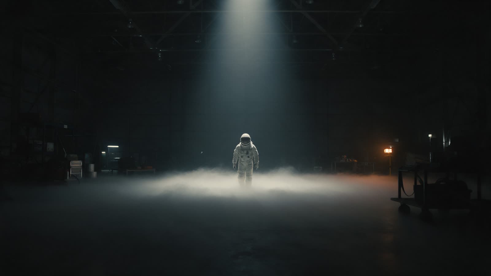 Lone figure in a pressure suit inside a vast foggy hangar
