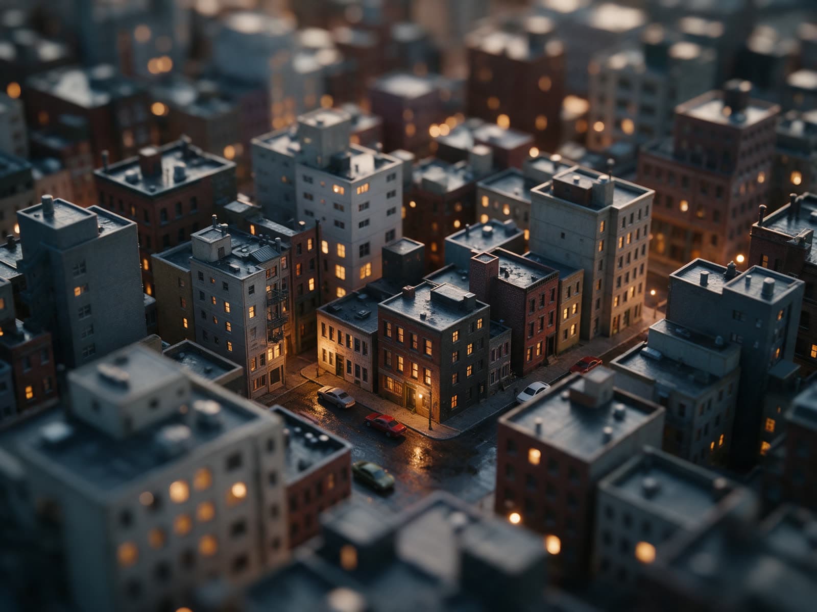 A tiny world on a tabletop, shot with a tilt shift look.