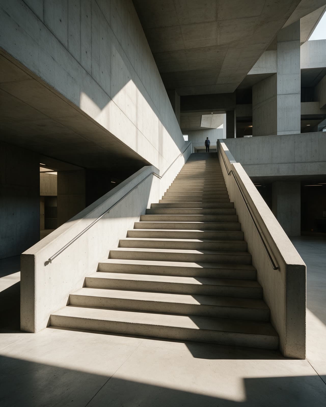 Raw concrete spaces with hard light and deep shadow.