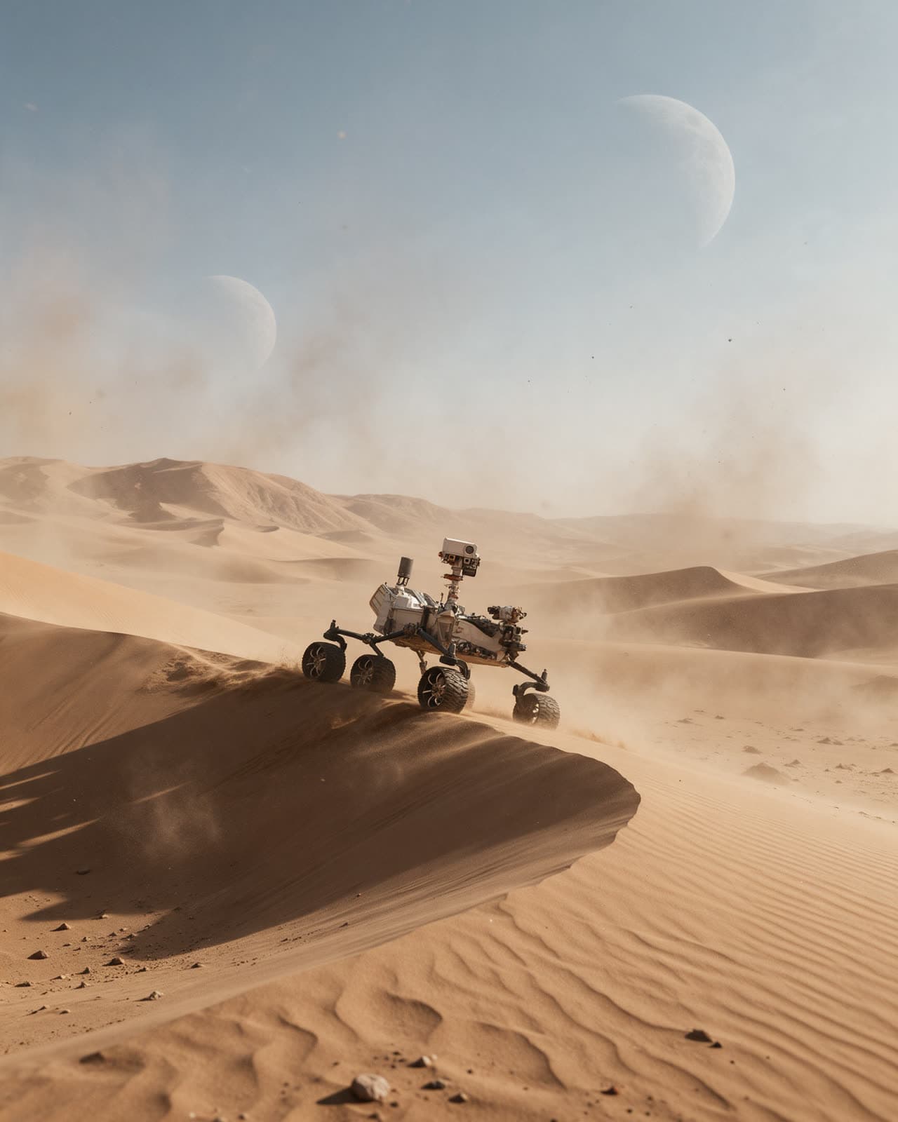 A vast alien landscape with dust, rock and distant moons.